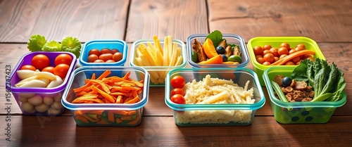 Vibrant, healthy meal prepped in colorful containers on rustic wood,  vegetarian,  delicious