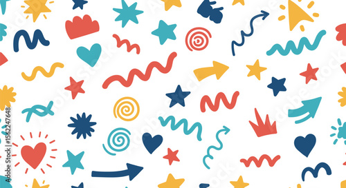 Playful Hand Drawn Shapes Pattern with Stars Hearts Arrows and Squiggles