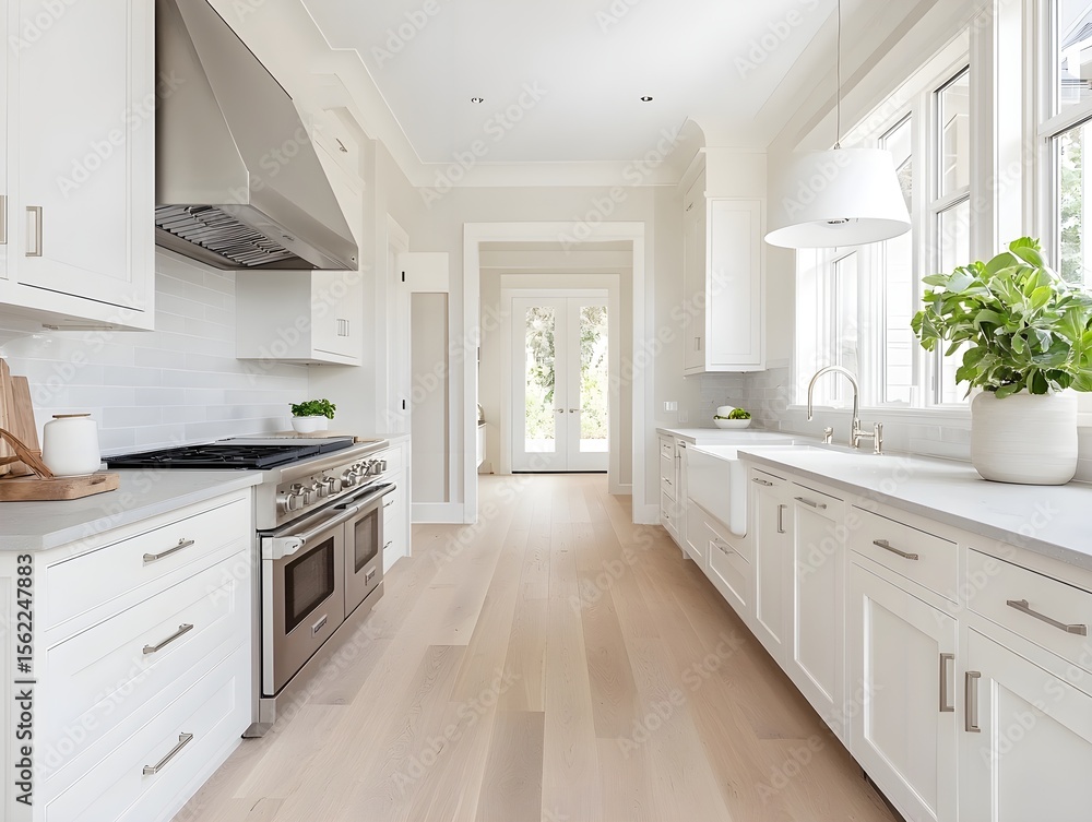 Fototapeta premium Modern Minimalist Kitchen with White Cabinets and Wood Floors