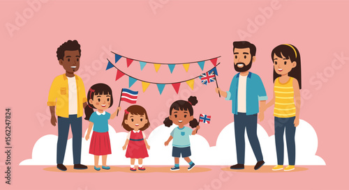Multicultural Family Celebrates with Flags and Bunting