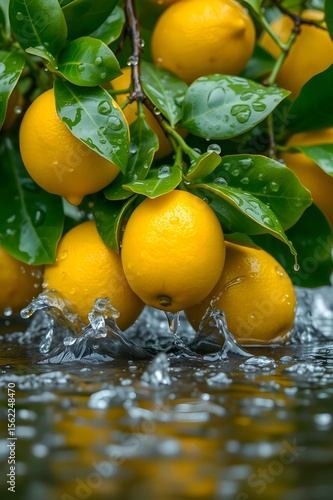 Fresh yellow lemons on branch splashing into water, with green leaves and raindrops, vibrant and refreshing.