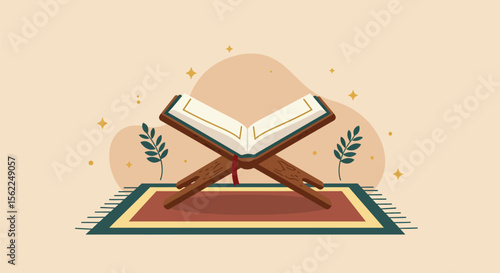 Elegant Illustration of the Quran on a Stand with Islamic Design