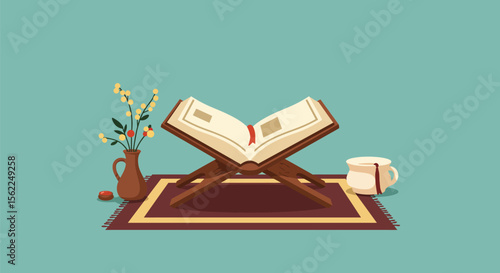 Open Quran on Rehal with Vase Cup Rug and Teal Background