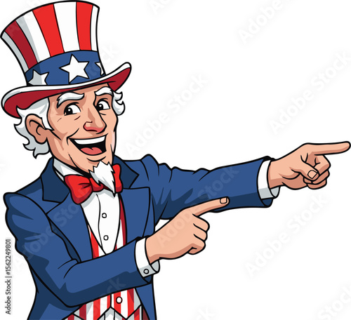Patriotic Uncle Sam Cartoon Character Pointing with Enthusiasm and American Pride