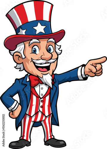 Patriotic Uncle Sam Pointing Forward with American Flag Hat and Suit.