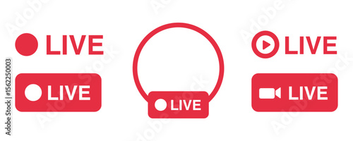 Set of red live streaming icons showing online broadcast, streaming media, and real time communication services for social media