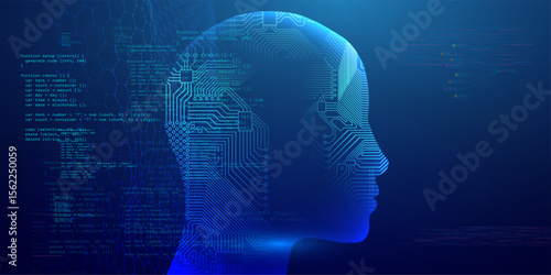 AI face head with human avatar and robot design in a digital 3D scan. Artificial tech wireframe with dot vector for virtual recognition or ID background. Futuristic mesh with cyber technology neon.