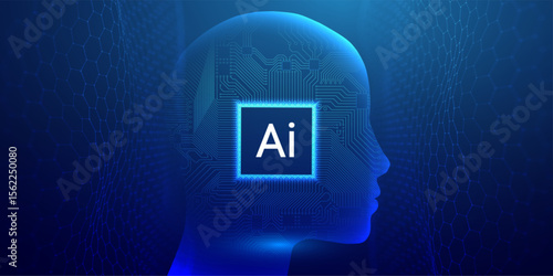 AI avatar head with human face and robot features in a digital 3D scan. Artificial tech wireframe with dot vector for futuristic recognition or ID design. Abstract blue mesh for cyber intelligence.