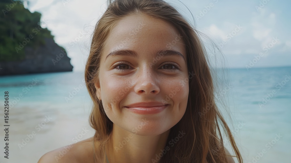 closeup shot of a good looking female tourist. Enjoy free time outdoors near the sea on the beach. Looking at the camera while relaxing on a clear day Poses for travel selfies smiling happy tropical closeup shot of a good looking female tourist. Enjoy free time outdoors near the sea on the beach. Looking at the camera while relaxing on a clear day Poses for travel selfies smiling happy tropical