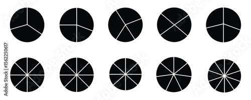 Circles divided into sectors illustrate fractions and mathematics concepts, demonstrating division and geometry.