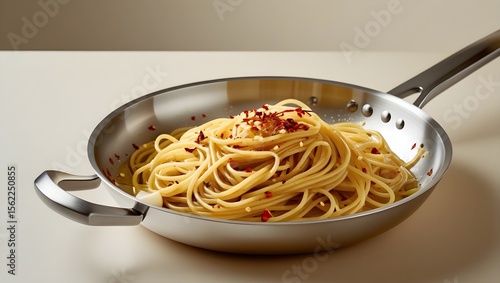 Spaghetti aglio e olio with garlic slices and chili flakes in stainless steel pan, minimalist background