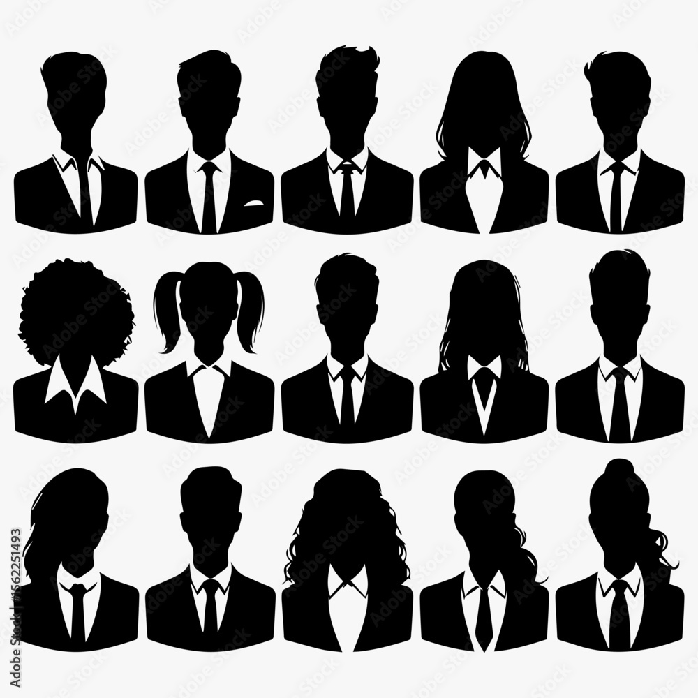 Silhouetted portraits of various professionals, showcasing diverse hairstyles and attire. Silhouetted portraits of various professionals, showcasing diverse hairstyles and attire.