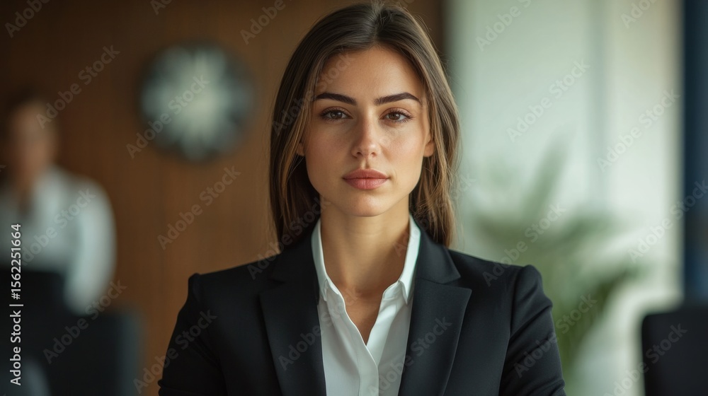 Fototapeta premium Female leader at a high-level political meeting, elegant suit, serious expression, respect and strength. generative ai
