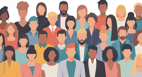 Diverse group of people, men and women of different ethnicities and ages, standing shoulder to shoulder, illustrating unity, diversity and inclusion. 
