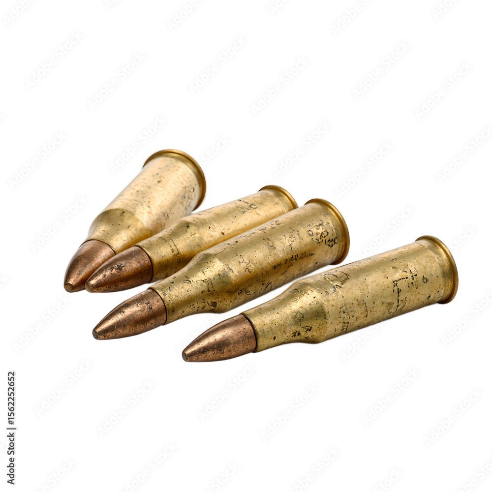 Close up of shiny pistol rounds with brass casings and rounded tips Ammo spread out elegantly on a white background Close up of shiny pistol rounds with brass casings and rounded tips Ammo spread out elegantly on a white background