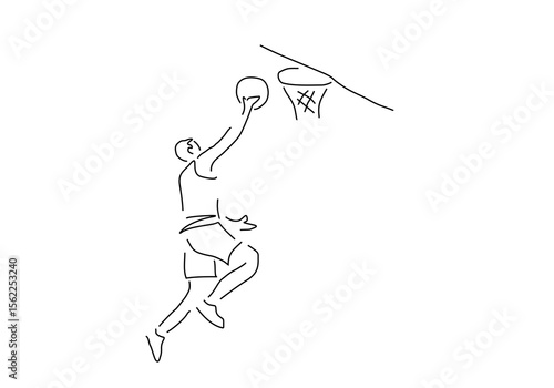 basketball player in mid-air making a powerful jump shot towards the hoop. 
