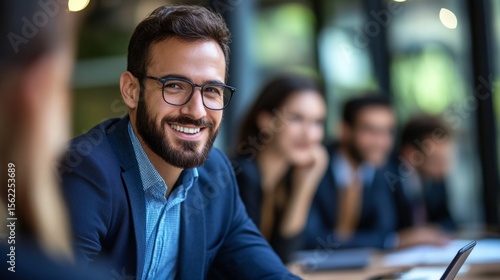 Male leader mentoring young professionals, calm and focused expression, corporate mentoring concept generative ai