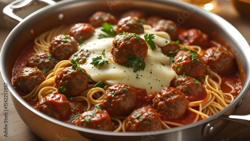 Spaghetti in deep pan with meatballs, garnished with parsley and melted cheese, comfort food concept