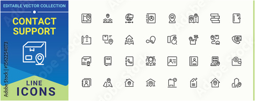 Contact Support linear icon set. Contains related to email, personal information, address, chat, contact, location and more. Address modern icon set. Minimal linear icons. Editable vector stroke.