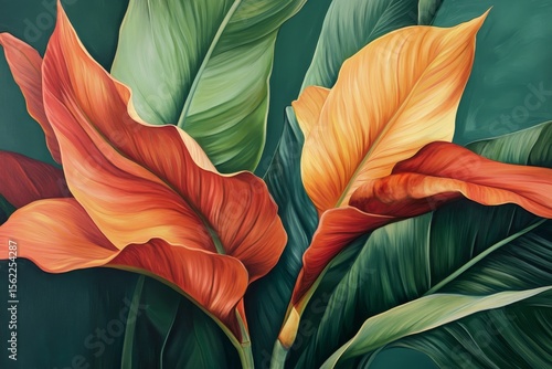 Vibrant tropical leaves in rich colors.