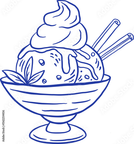 Hand draw ice cream with topping and caramel in a glass bowl vector illustration. Doodle frozen dessert