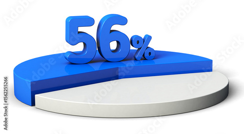 56% blue and white pie chart isolated on transparent background. 3d illustration.	