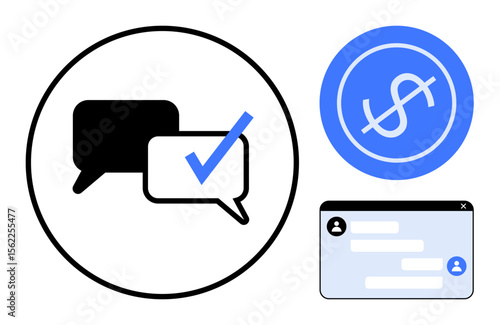 Speech bubbles with a checkmark, dollar sign in a circle, and a chat window. Ideal for finance, messaging, authentication, e-commerce, technology, productivity simple landing page