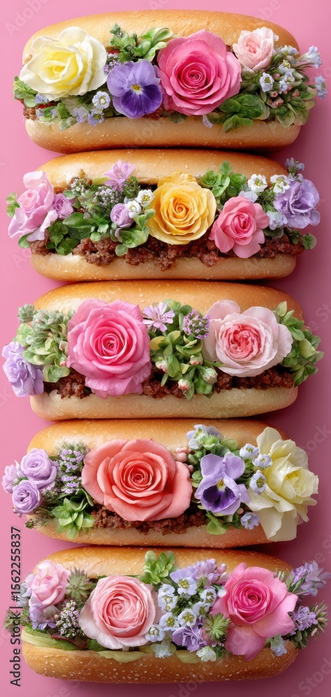 Naklejka premium Colorful pastries adorned with fresh flowers, showcasing a unique and artistic dessert presentation.