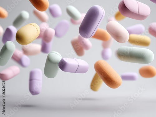 A vibrant array of colorful capsules floats in mid-air, showcasing modern medication diversity and design.