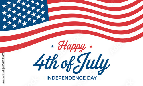 Happy 4th of July Independence Day greeting features a waving American flag and elegant typography, perfect for celebratory designs and social media posts.