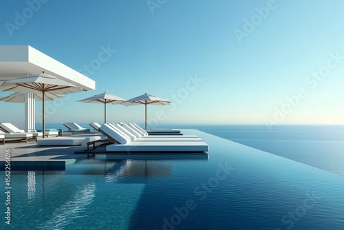 Serene poolside view featuring luxurious white lounge chairs and sun umbrellas overlooking the calm ocean under a clear blue sky.