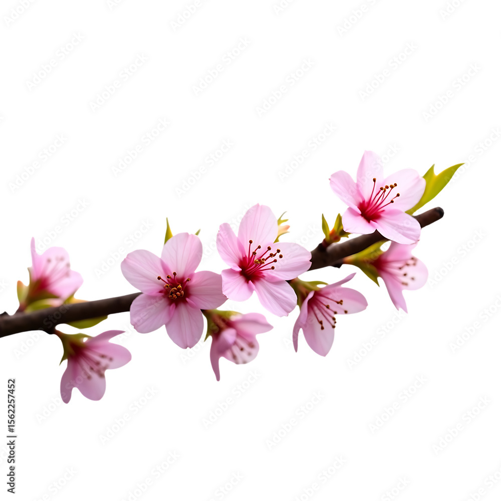 Naklejka premium A branch adorned with delicate pink cherry blossoms graces a clean black background, evoking springtime freshness.