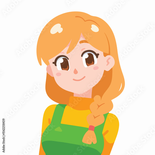a cute girl with blonde hair and orange and green dress