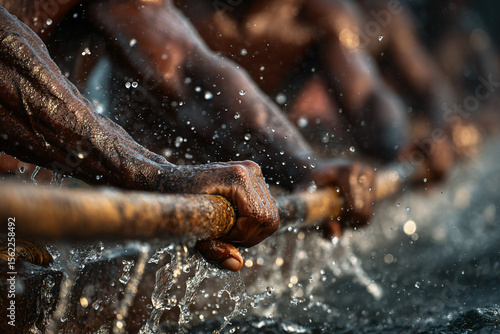 Close-up of intense paddling during the Nehru Trophy Boat Race, muscular arms, water splashing, focused faces of the oarsmen in traditional attire. 