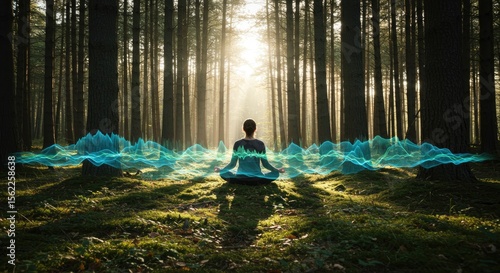 Person meditating in forest