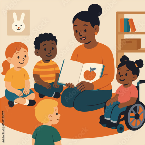 Teacher Reads to Children in Inclusive Classroom with Wheelchair
