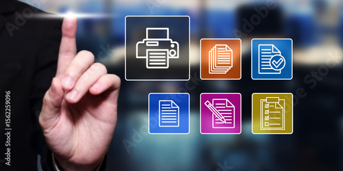 Document Management System Concept: Hand Touching Digital Interface with Printer, Files, and Checklist Icons for Business Efficiency