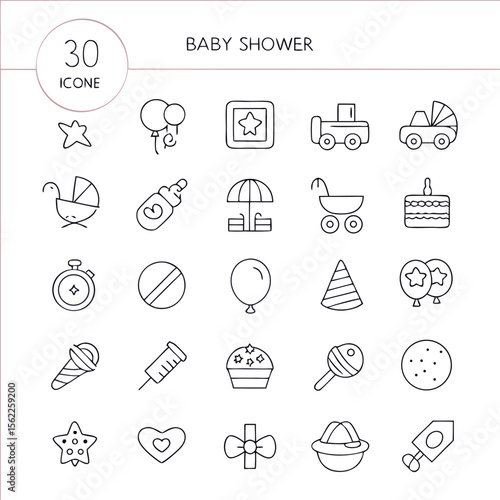 Line art baby shower icons featuring balloons cake stroller and other baby related elements in outline style