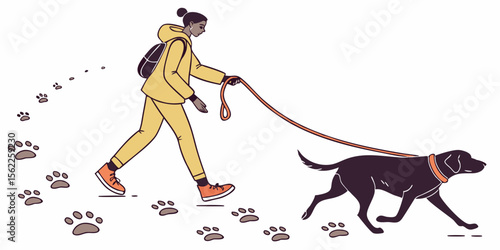 Woman walking dog labrador retriever pet leash outdoor activity stroll