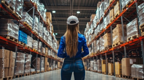 Woman giving orders in a logistics warehouse, strong and decisive presence, female leadership in action generative ai