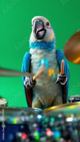 Parrot drummer plays music with drumsticks. Bright green background