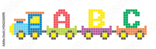 Colorful alphabet train with letters A, B, and C in pixel art style