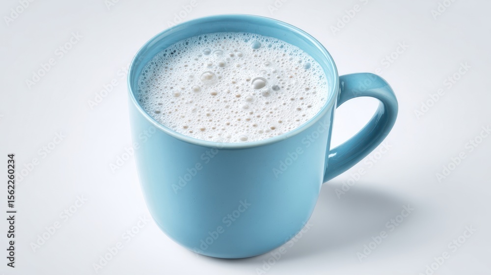 The blue cup filled with frothy milk on a white background. The blue cup filled with frothy milk on a white background.