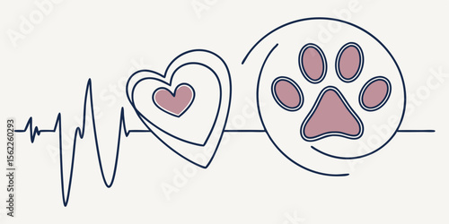 Heartbeat paw print vector illustration pet love animal care design
