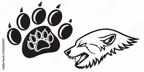 Download vector illustration of wolf head with paw print design art