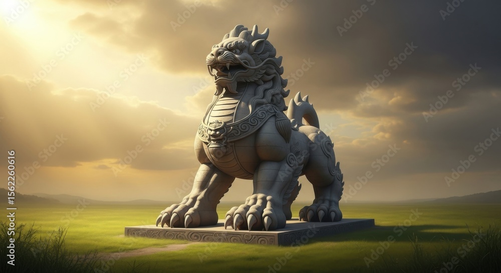 Fototapeta premium Majestic Stone Guardian Lion Statue Stands Proudly in a Sunlit Field