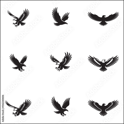 Collection of Nine Black Eagle Silhouettes in Various Flying and Landing Positions