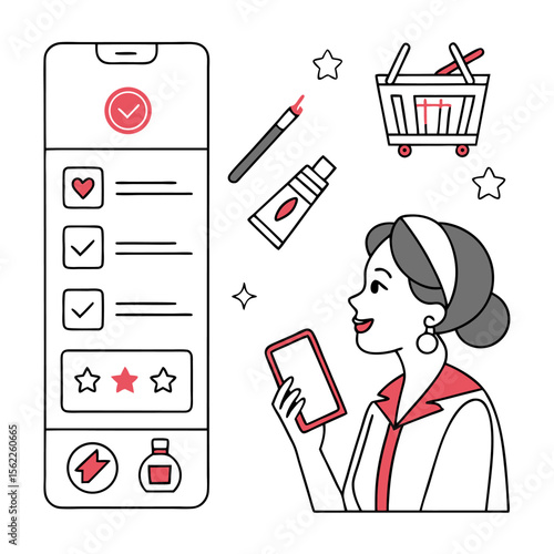 Woman shopping for beauty products online using her smartphone with a shopping cart and makeup items floating around her
