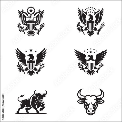 Collection of Eagle and Bull Logos in Black and White Style