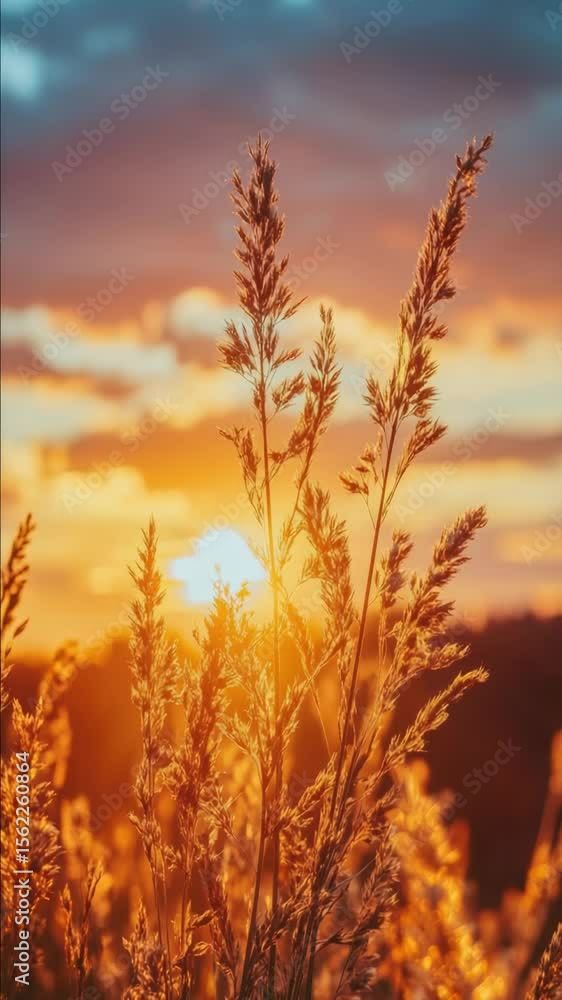 A scenic view of tall grass with the sun setting in the background A scenic view of tall grass with the sun setting in the background